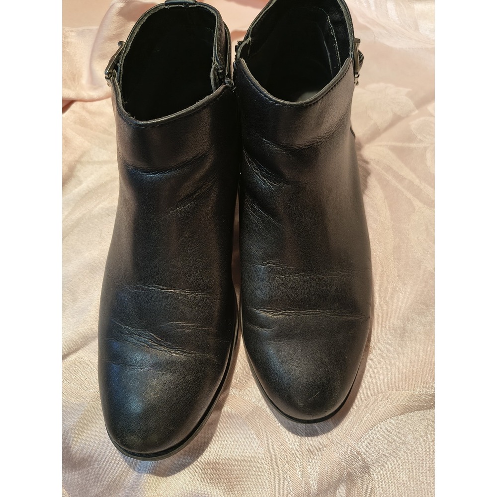 Vionic Women's Millie Black Leather Ankle Boots Buckle Side Zip Block Heel 8.5